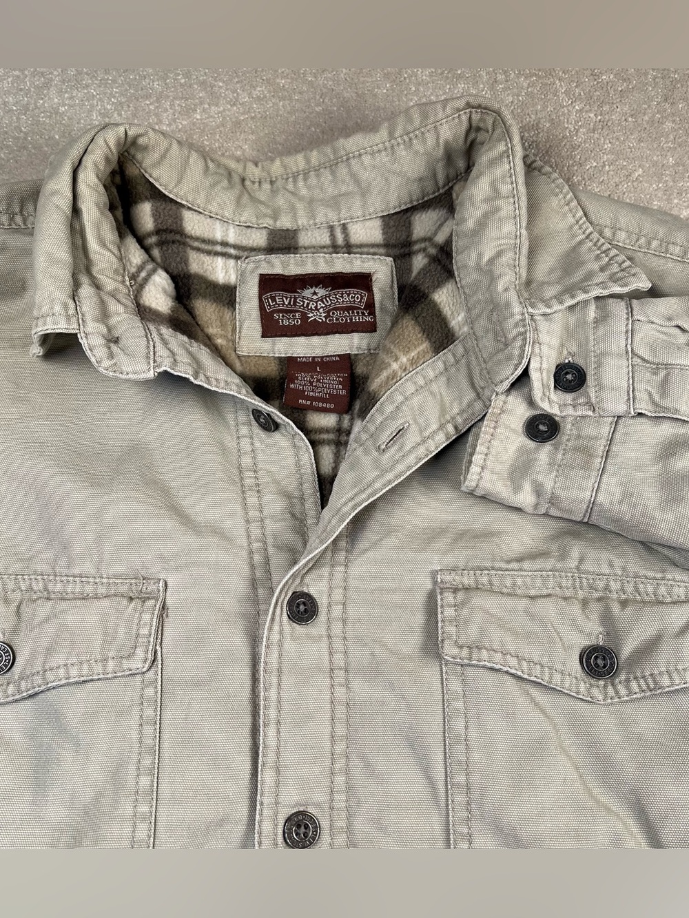 Levi Strauss Coat Fleece Lined Button Up Cotton Khaki Jacket Chest Pockets Men L
